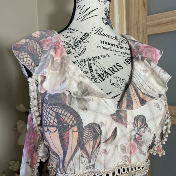 Perfect Way Floral Romantic Mini Dress Elegant W/Pearly Beads Woman Size M - Picture 4 of 12